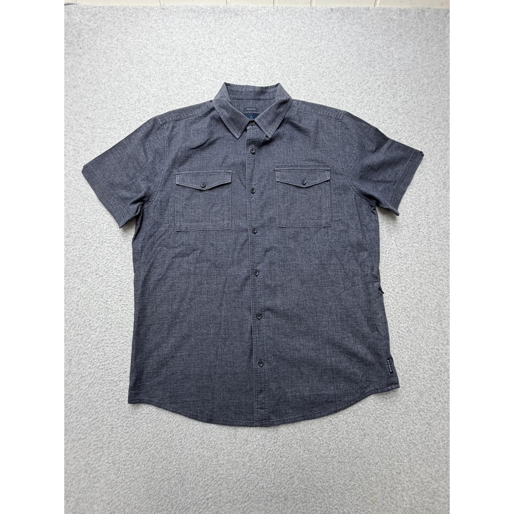 prAna Shirt Mens L Gray Hemp Chambray‎ Button Up Short Sleeve Outdoor